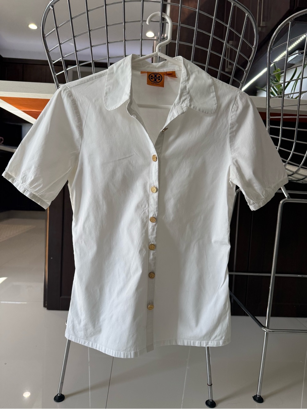 Tory Burch White Short-Sleeve Button-Down with Gold Buttons
